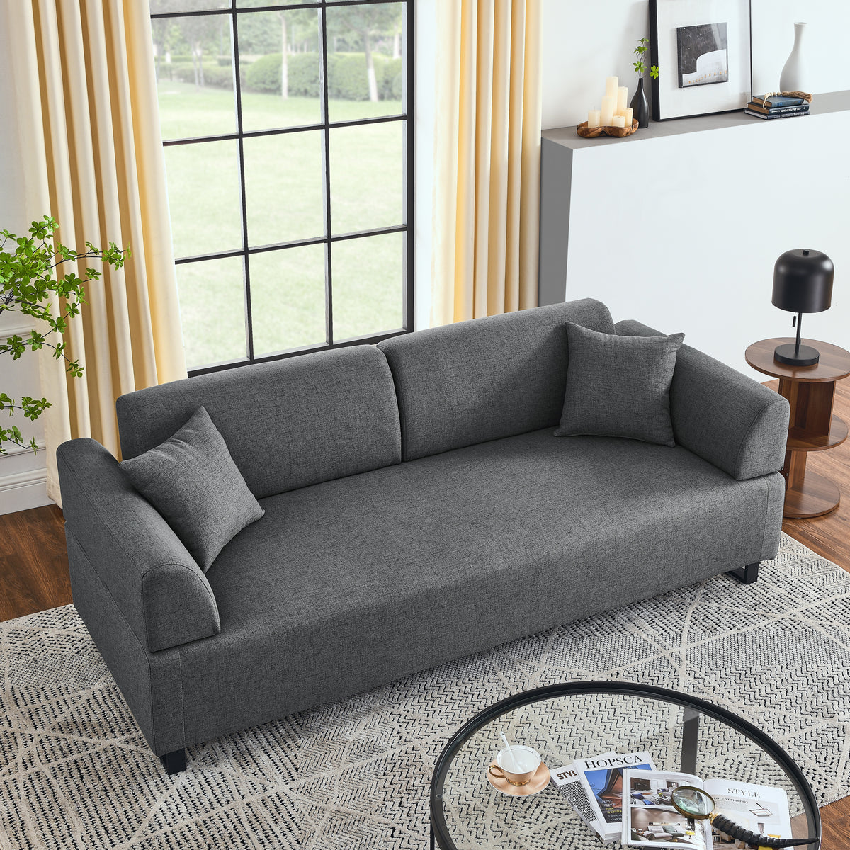 Linen Fabric 3 Seat Sofa with Two End Tables and Two Pillows, Removable Back and Armrest, Morden Style Upholstered 3-Seat Couch for Living Room W487139512-djyc