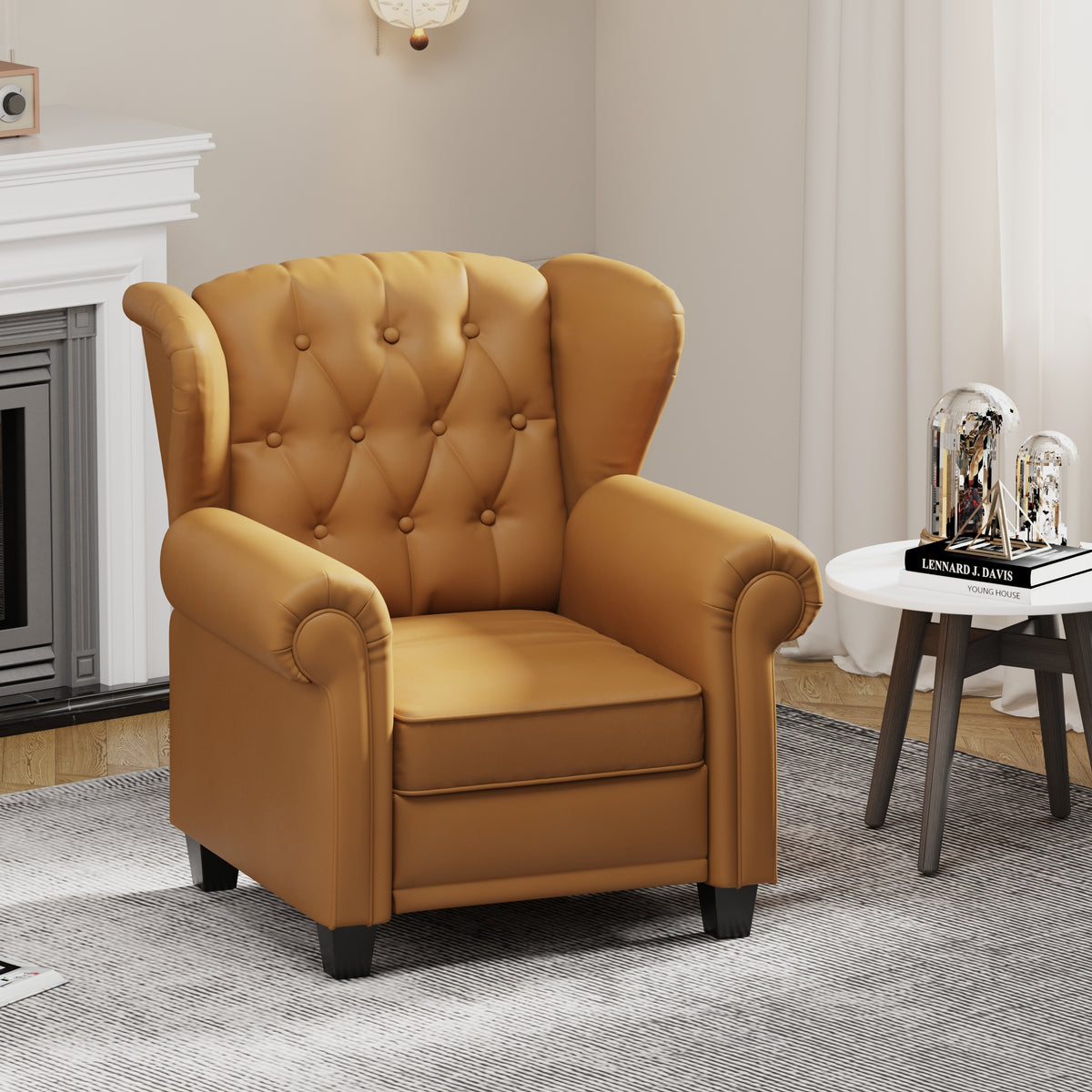 Modern Tufted Push Back Armchair Technical Leather Chair, Adjustable Single Sofa Chair with Sturdy Wood Legs for Bedroom, Living Room, Small Space(Color:ORANGE) W1669P205991-djyc