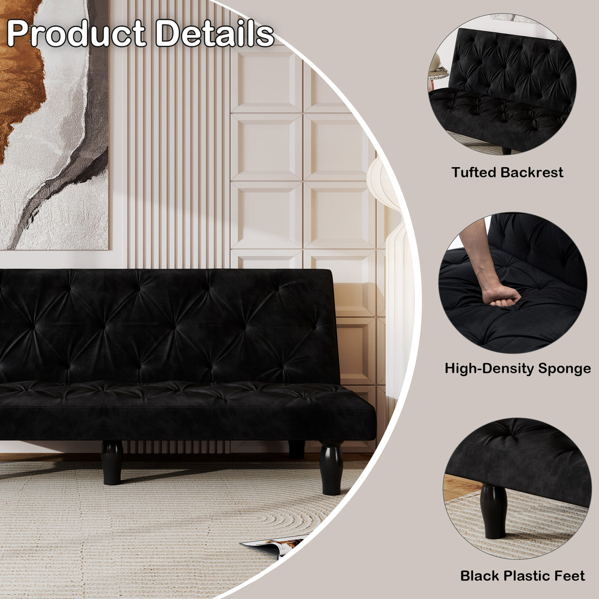 Sofa-to-Bed Evolution: 66" Black Velvet Sofa Bed Transforms Seamlessly, Ideal for Family Living Rooms, Apartments, and Bedrooms W127860390-djyc