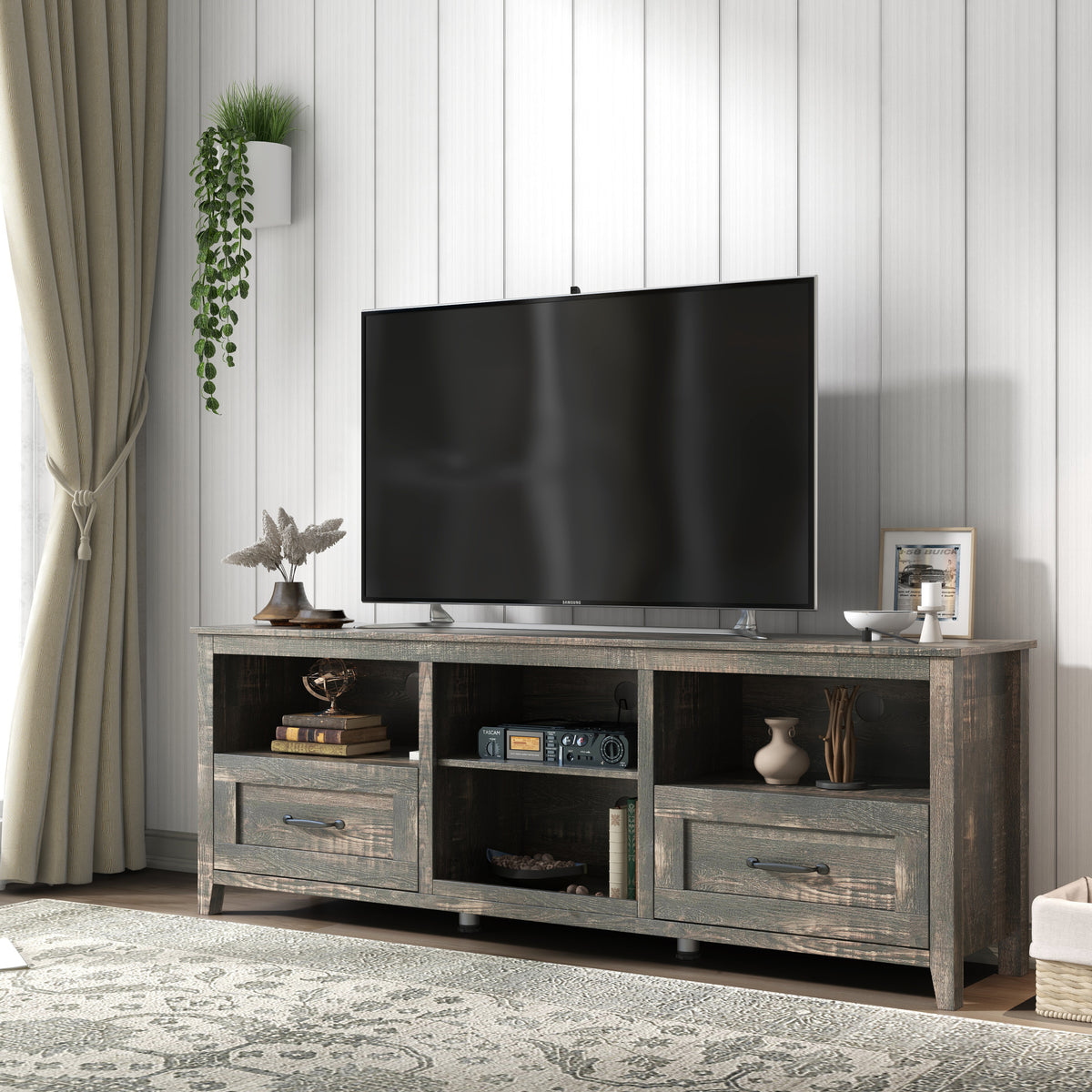 70 Inch Length TV Stand for Living Room and Bedroom, with 2 Drawers and 4 High-Capacity Storage Compartment,Black Pine W881123503-djyc