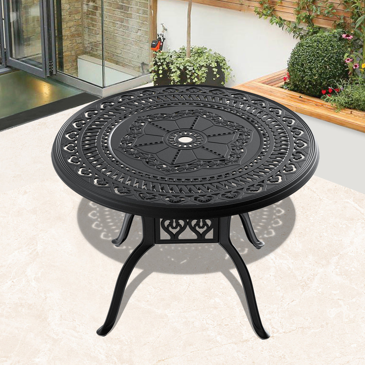 ?39.37-inch Cast Aluminum Patio Dining Table With Black Frame and Umbrella Hole W1710P166027-djyc