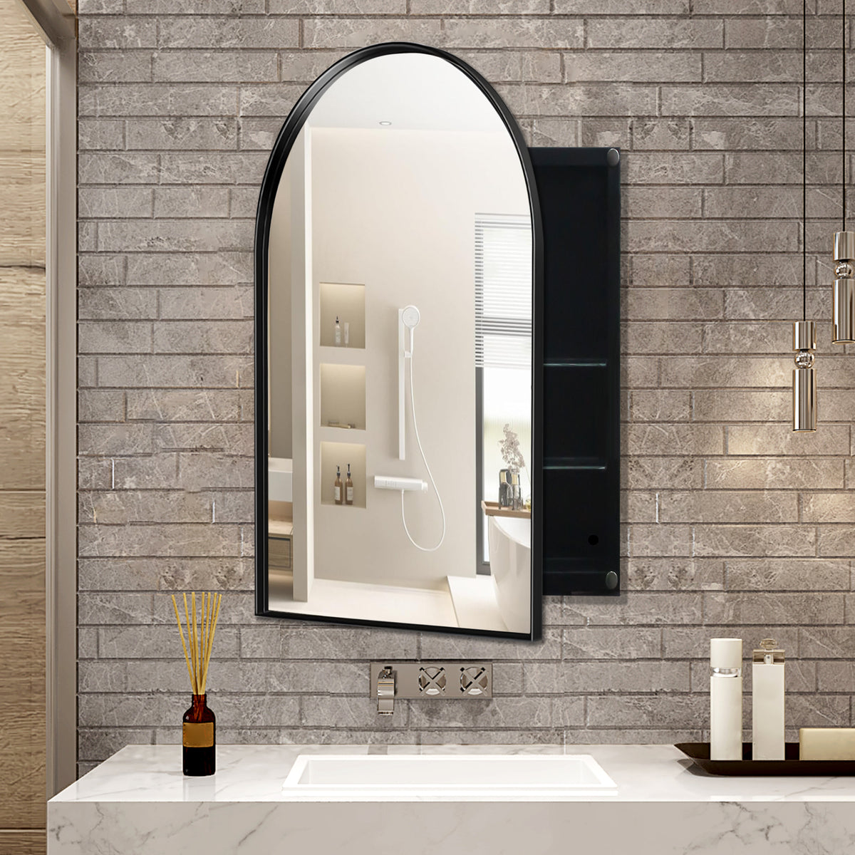 24x36 Inch Arched Recessed Medicine Cabinet, Metal Framed Bathroom Wall Cabinet with Mirror and Adjustable Shelves, Wall Mirror with Storage for Bathroom, Matte Black W1435P182919-djyc