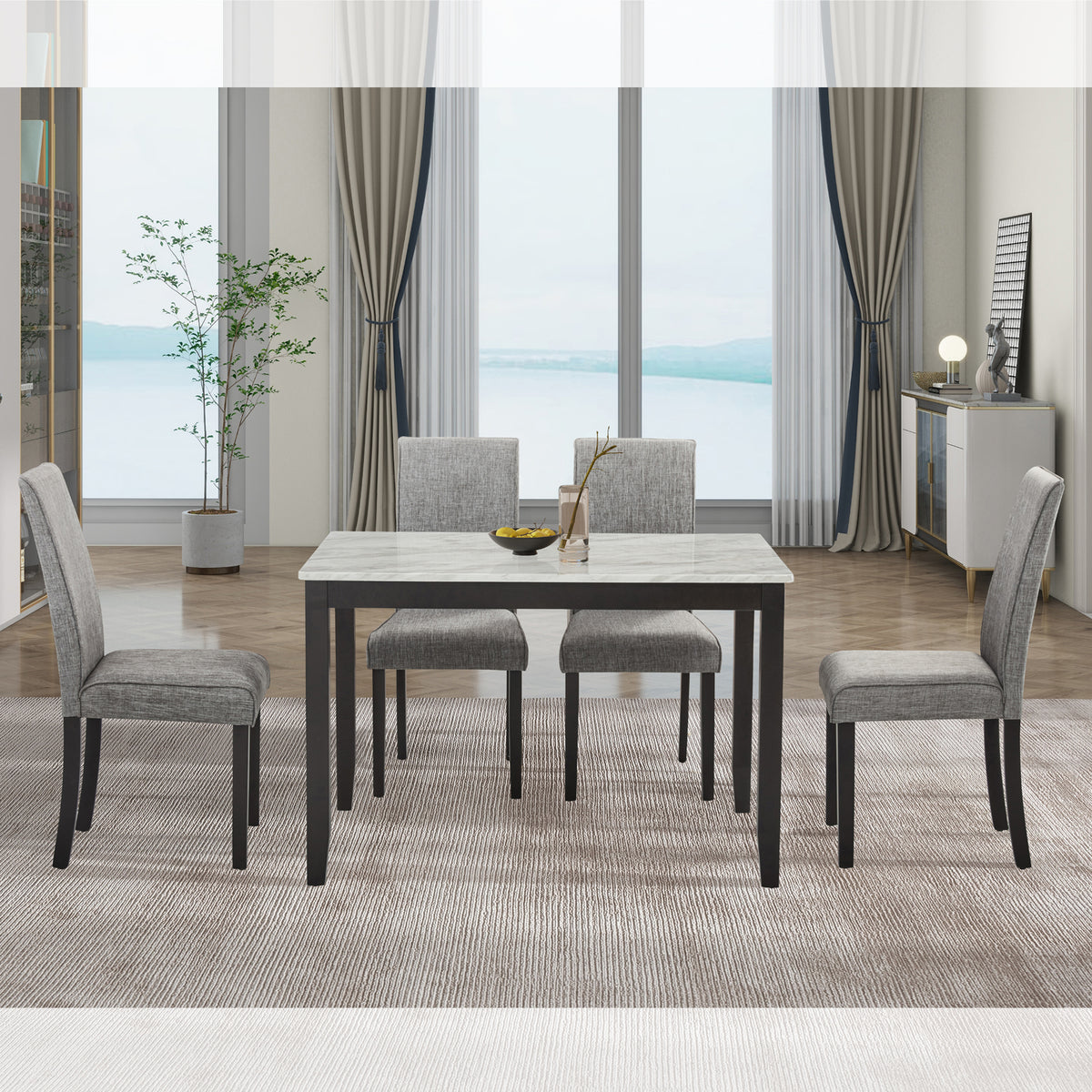 5-Piece Dining Set with Faux Marble Tabletop, Faux Marble dining table set for 4, Modern Wooden Dining Table Set for Kitchen and Dining Room, White +Dark Espresso W1998S00058-djyc