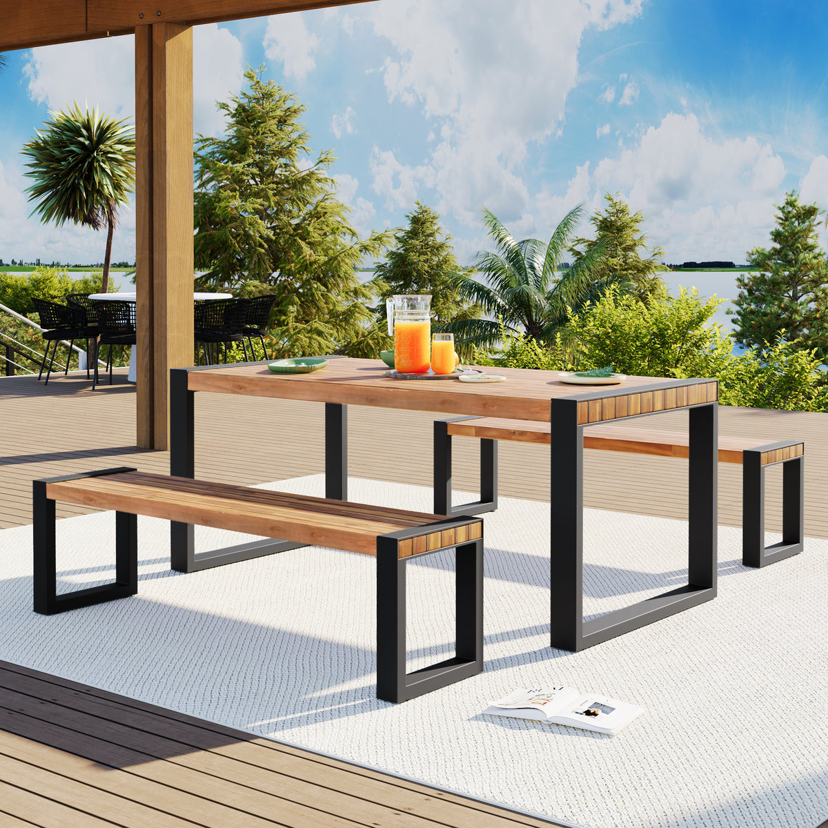 GO 3-pieces Outdoor Dining Table With 2 Benches, Patio Dining Set With Unique Top Texture, Acacia Wood Top & Steel Frame, All Weather Use, For Outdoor & Indoor, Natural FG201232AAA-djyc