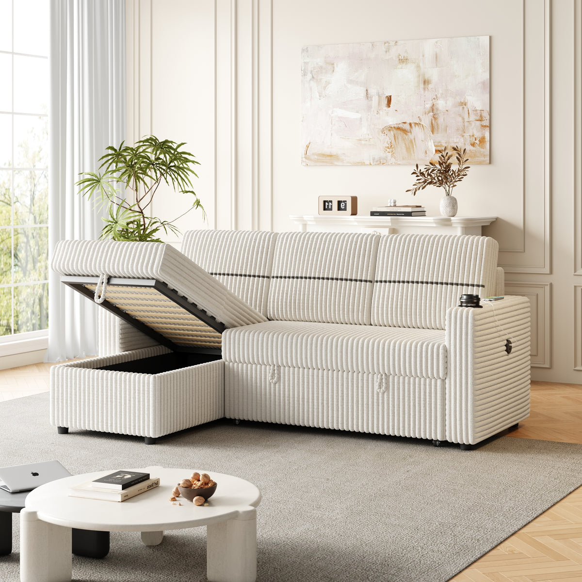 85 Inches Corduroy Sofa Bed, 3 Seater Sleeper Sofa with Storage Chaise, Square Handrail With Two Cup-holder And USB Charge Port, Pull Out Couch for Living Room W834S00272-djyc