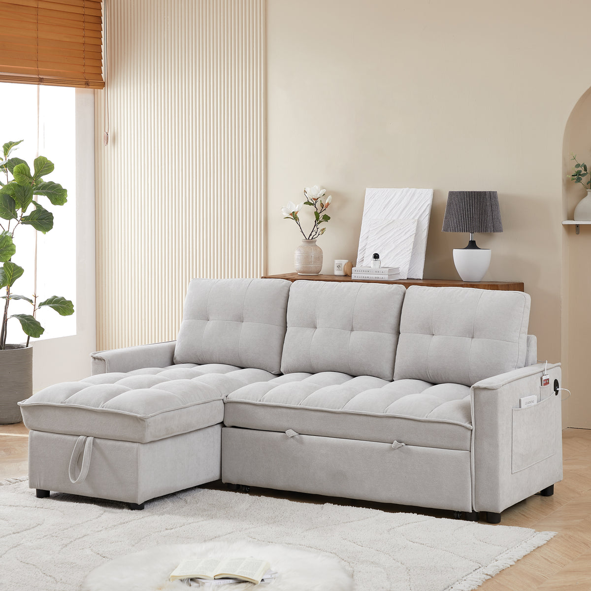 MH 78.75' Reclining Sofa, Pull-Out Sofa Bed with USB and tape-c charging ports, L-Shaped Sectional Sofa with Reclining Storage and Arm Side Organizer Pocket Features, Living Room Comfort Sofa W1193S00103-djyc