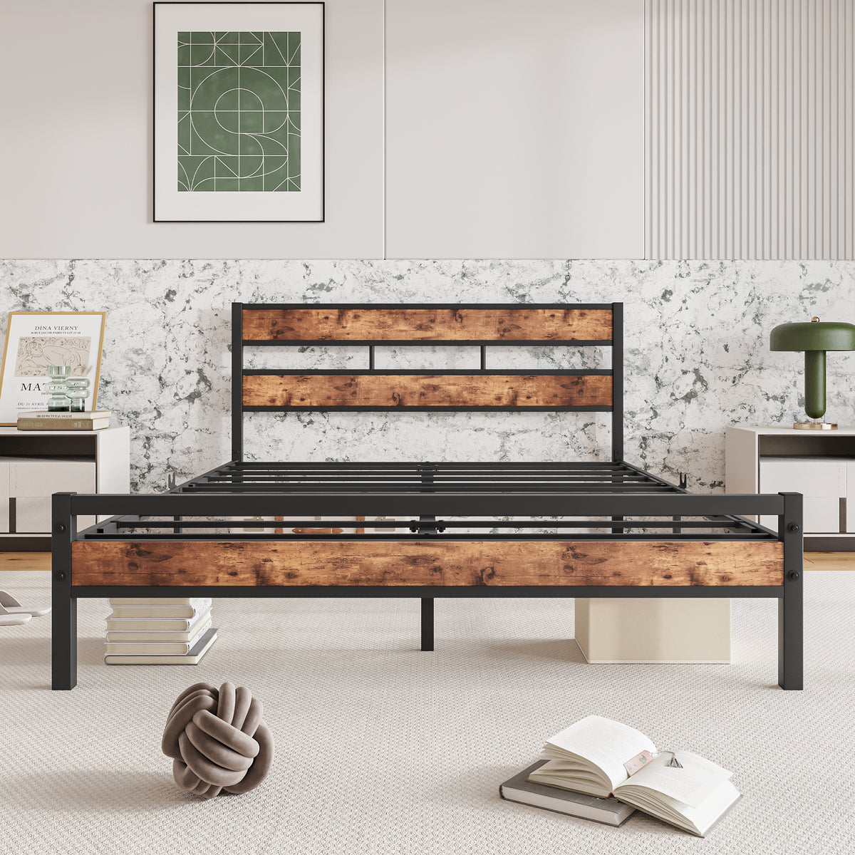 Queen Size Platform Bed Frame with Rustic Vintage Wood Headboard, Strong Metal Slats Support, No Box Spring Needed W840P144084-djyc