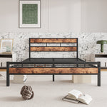 Queen Size Platform Bed Frame with Rustic Vintage Wood Headboard, Strong Metal Slats Support, No Box Spring Needed W840P144084-djyc