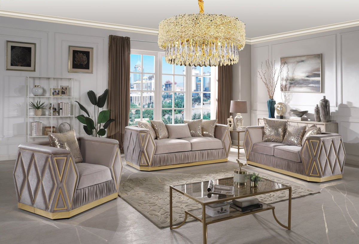 Cavalli Contemporary Style Upholstery Diamond Pattern 3PC Livingroom Set Made with Wood in Gold accent & Taupe-B009S02181