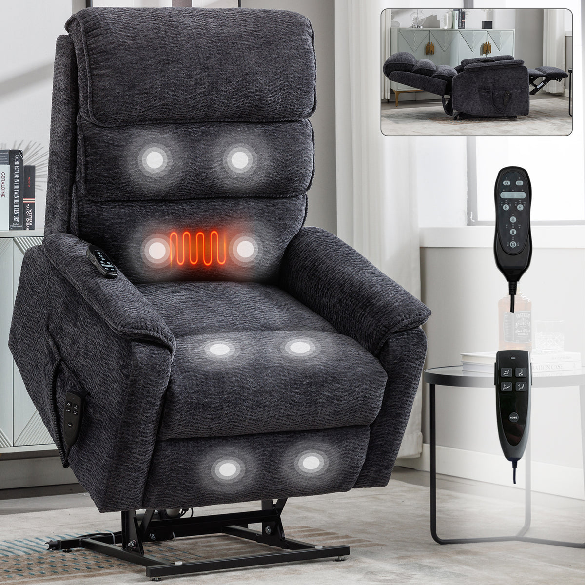 Grey Chenille Dual Motor Infinite Position Up to 350 LBS Power Lift Recliner Chair with Power-Remote, Heat Massage and Heavy Duty Motion Mechanism W1803S00060-djyc