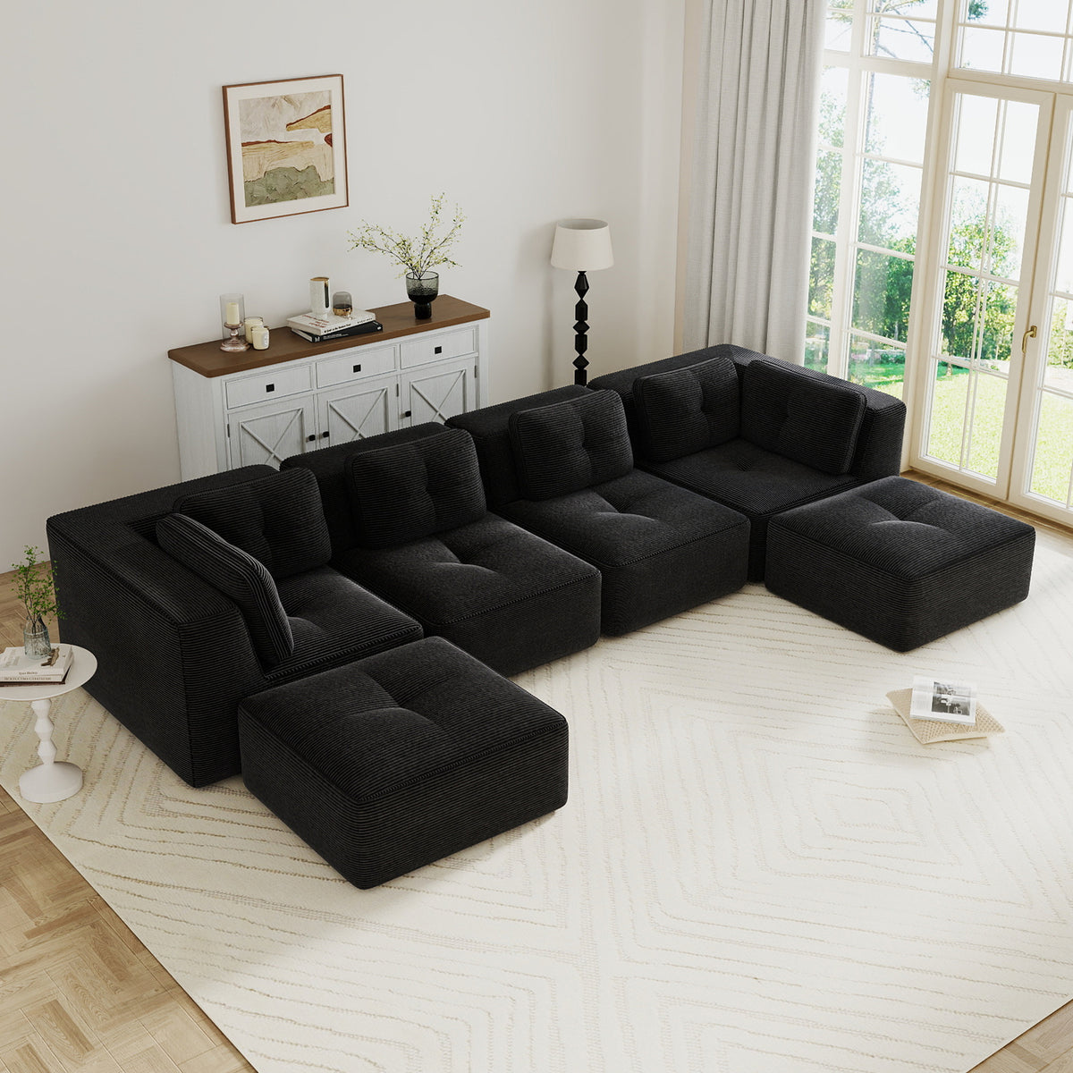 Modern U-Shaped Modular Sectional Sofa for Living Room, Corduroy Fabric,4-Seater Couch with Deep Seat and 2-Movable Ottoman,Pearl-like piping, Tufted Design, No Assembly, Anti-slip Design, Black-W714S01794
