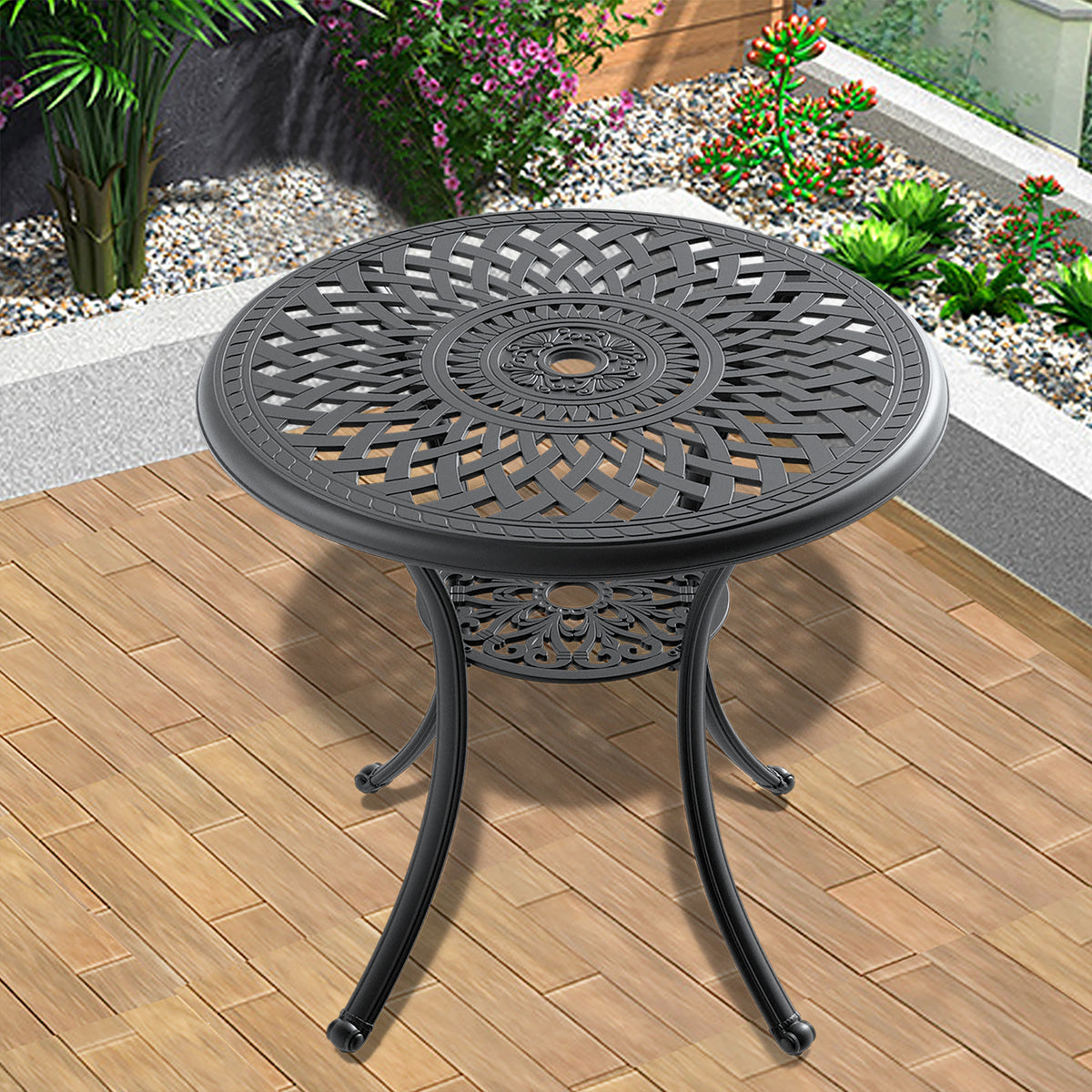?30.71-inch Cast Aluminum Patio Dining Table With Black Frame and Umbrella Hole W1710P166025-djyc