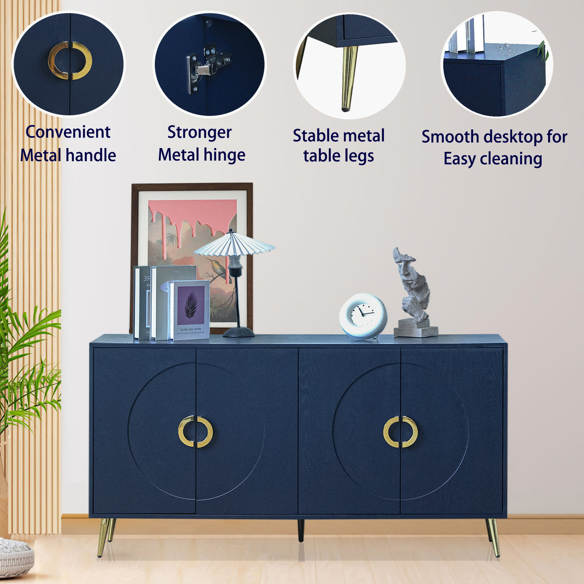 Modern Lacquered 4 Door Wooden Cabinet Sideboard Buffet Server Cabinet Storage Cabinet, for Living Room, Entryway, Hallway, Office, Kitchen and Dining Room, Navy Blue W1435P191610-djyc