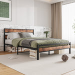 Queen Size Platform Bed Frame with Rustic Vintage Wood Headboard, Strong Metal Slats Support, No Box Spring Needed W840P144084-djyc