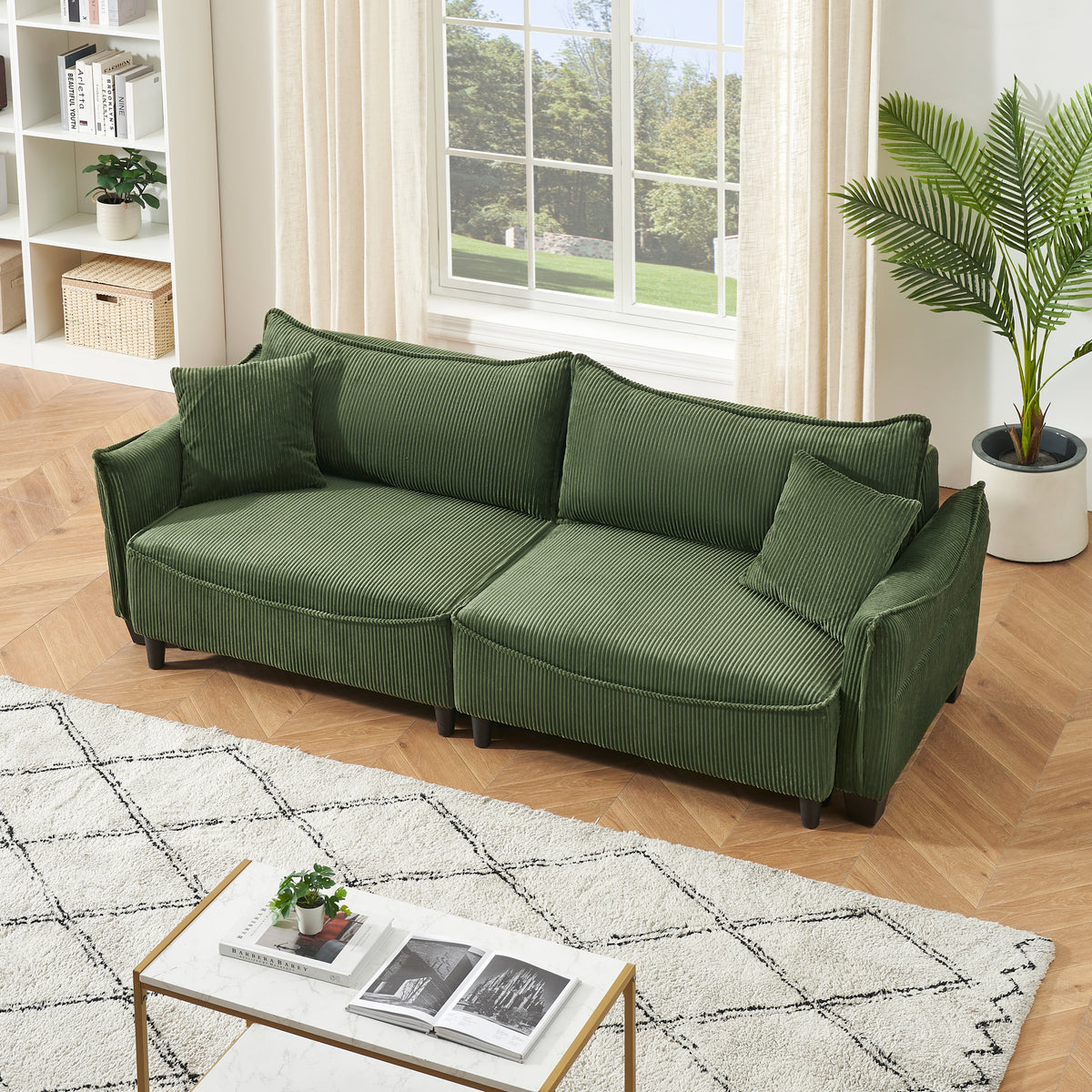 Sofa Showcasing Green Corduroy Fabric, Transformable into Sofa Bed with Two Throw Pillows: Ideal for Living Rooms & Diverse Scenes W1278S00038-djyc