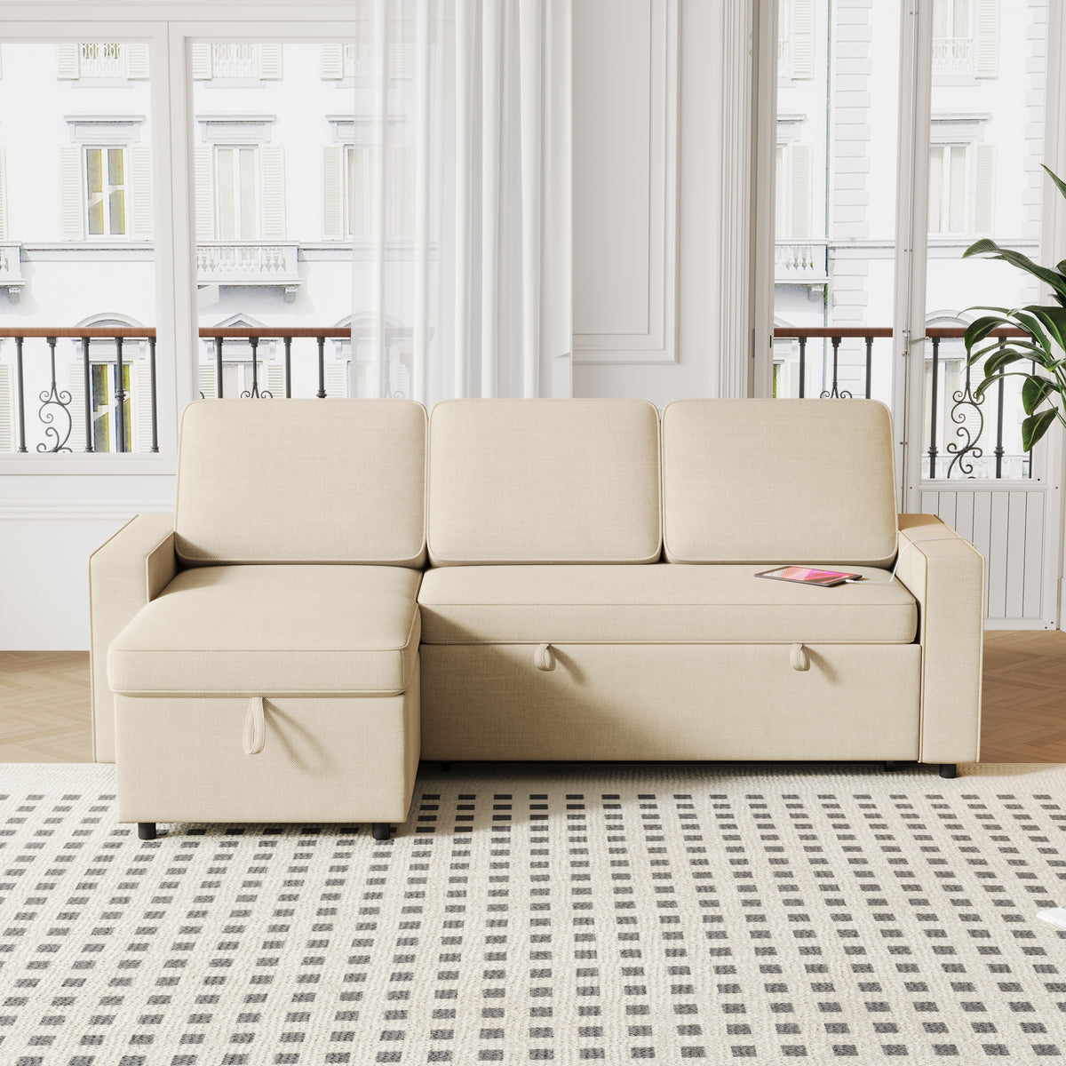 85.8" Pull Out Sleeper Sofa L-Shaped Couch Convertible Sofa Bed with Storage Chaise And Storage Racks,With USB Port And T-pyce Port W834S00266-djyc