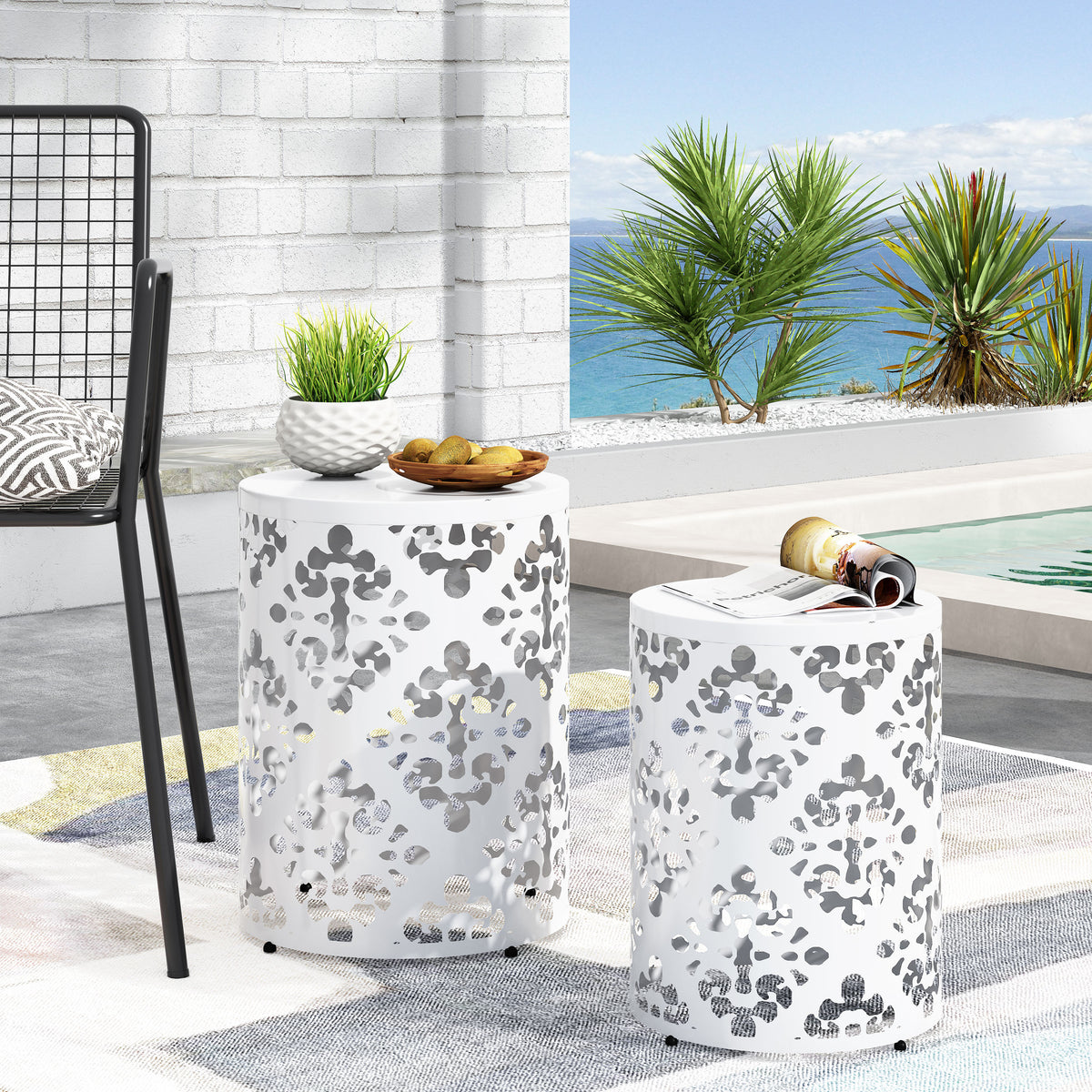 Elegant Iron Cut Side Table Set – Modern Cylindrical Design, Floral Pattern, No Assembly 73604.00WHI-djyc
