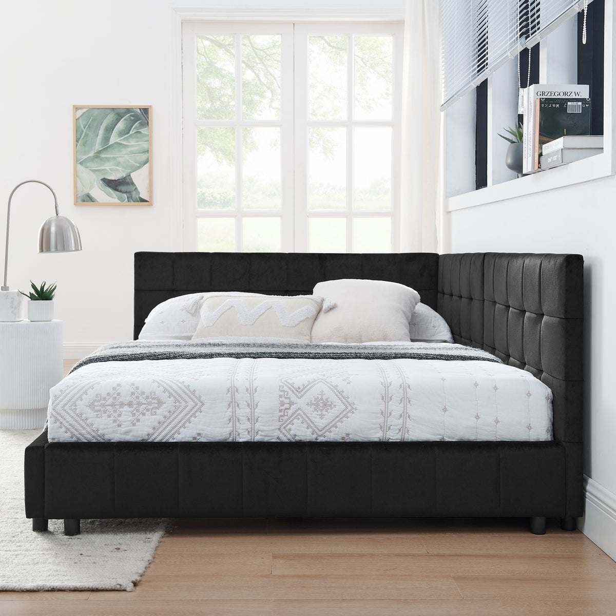 Full Size Upholstered TuftedBed Frame, Sofa Bed Frame with Comfortable Backrest and Armrests, Full Size Bed for Bedroom, Living Room,Velvet, Black(80.5''*59''*30.5'') W487S00222-djyc
