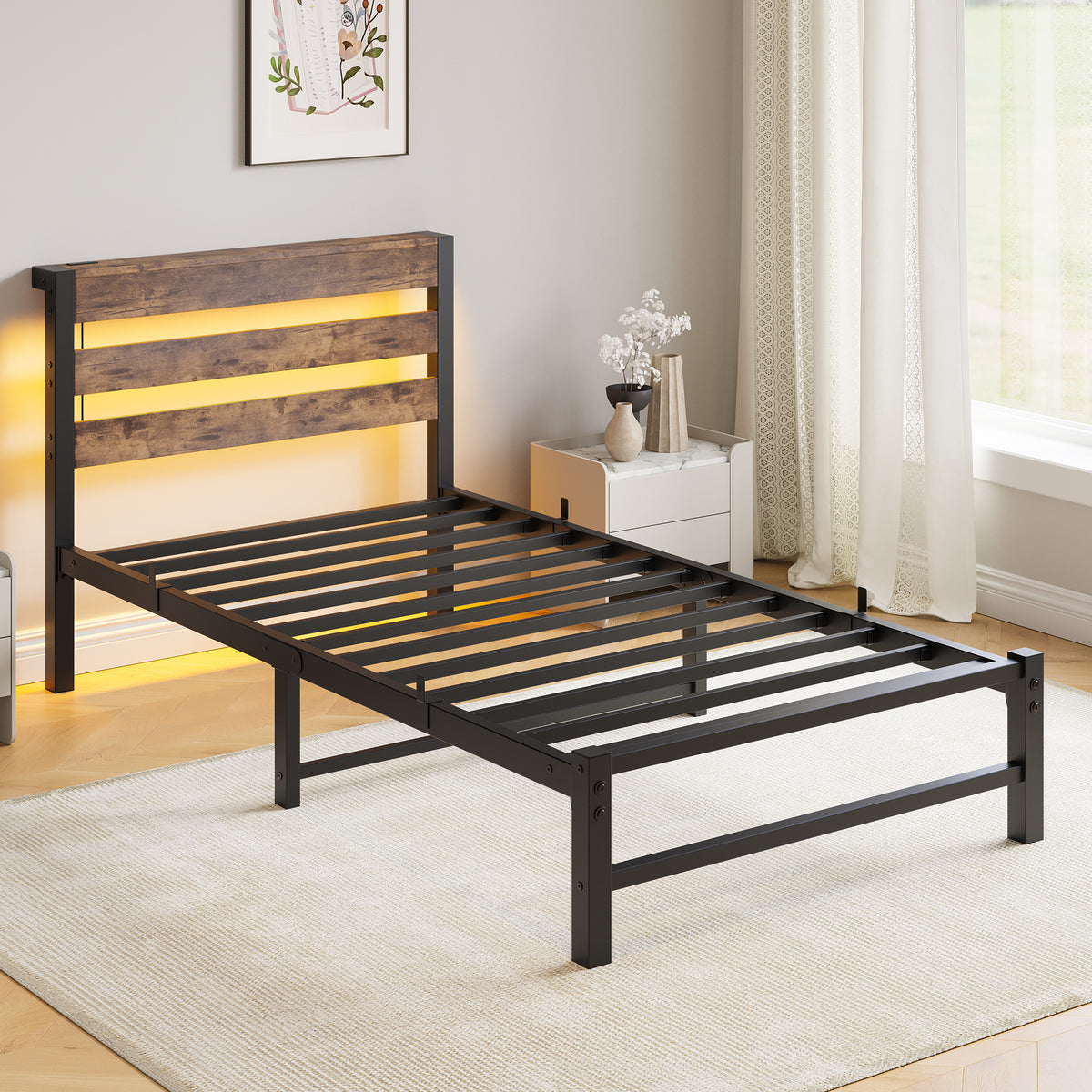 Twin Size Bed Frame Heavy Duty Platform Bed Frame with Headboard, USB Charging Station, LED Bed, No Box Spring Needed, Mattress Foundation, Strong Steel Slats, Noise Free, Brown W840P209879-djyc