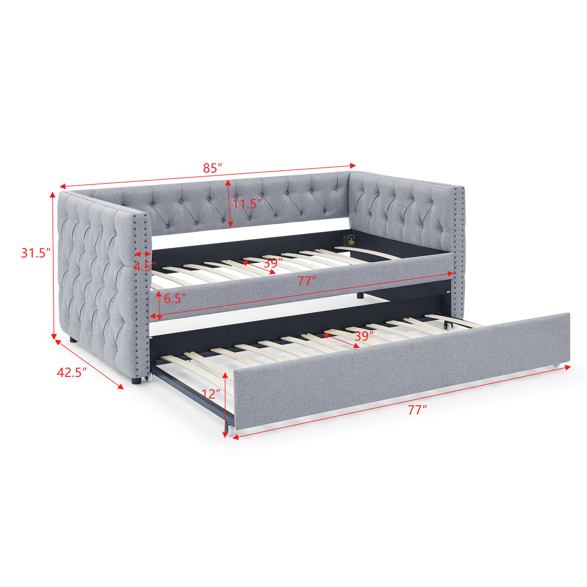 Daybed with Trundle Upholstered Tufted Sofa Bed, with Button and Copper Nail on Square Arms,both Twin Size,Grey(85"x42.5"x31.5")(Old SKU W487S00045) W487S00103-djyc