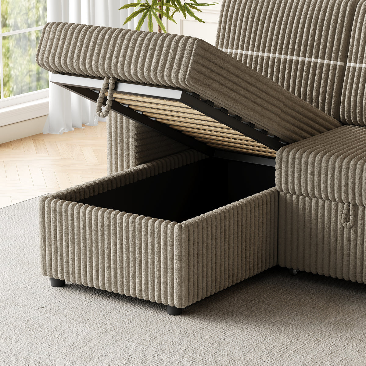 85 Inches Corduroy Sofa Bed, 3 Seater Sleeper Sofa with Storage Chaise, Square Handrail With Two Cup-holder And USB Charge Port, Pull Out Couch for Living Room W834S00271-djyc
