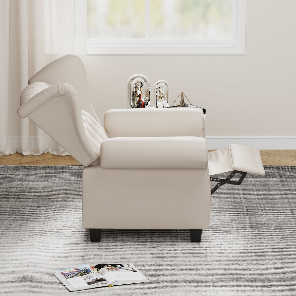 Modern Tufted Push Back Armchair Technical Leather Chair, Adjustable Single Sofa Chair with Sturdy Wood Legs for Bedroom, Living Room, Small Space(Color:Beige) W1669P199572-djyc