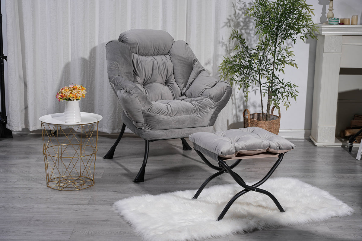 Living Room Chairs Modern Cotton Fabric Lazy Chair, Accent Contemporary Lounge Chair, Single Steel Frame Leisure Sofa Chair with Armrests and A Side Pocket (Light Gray ),with ottoman ,with footrest W1899121347-djyc