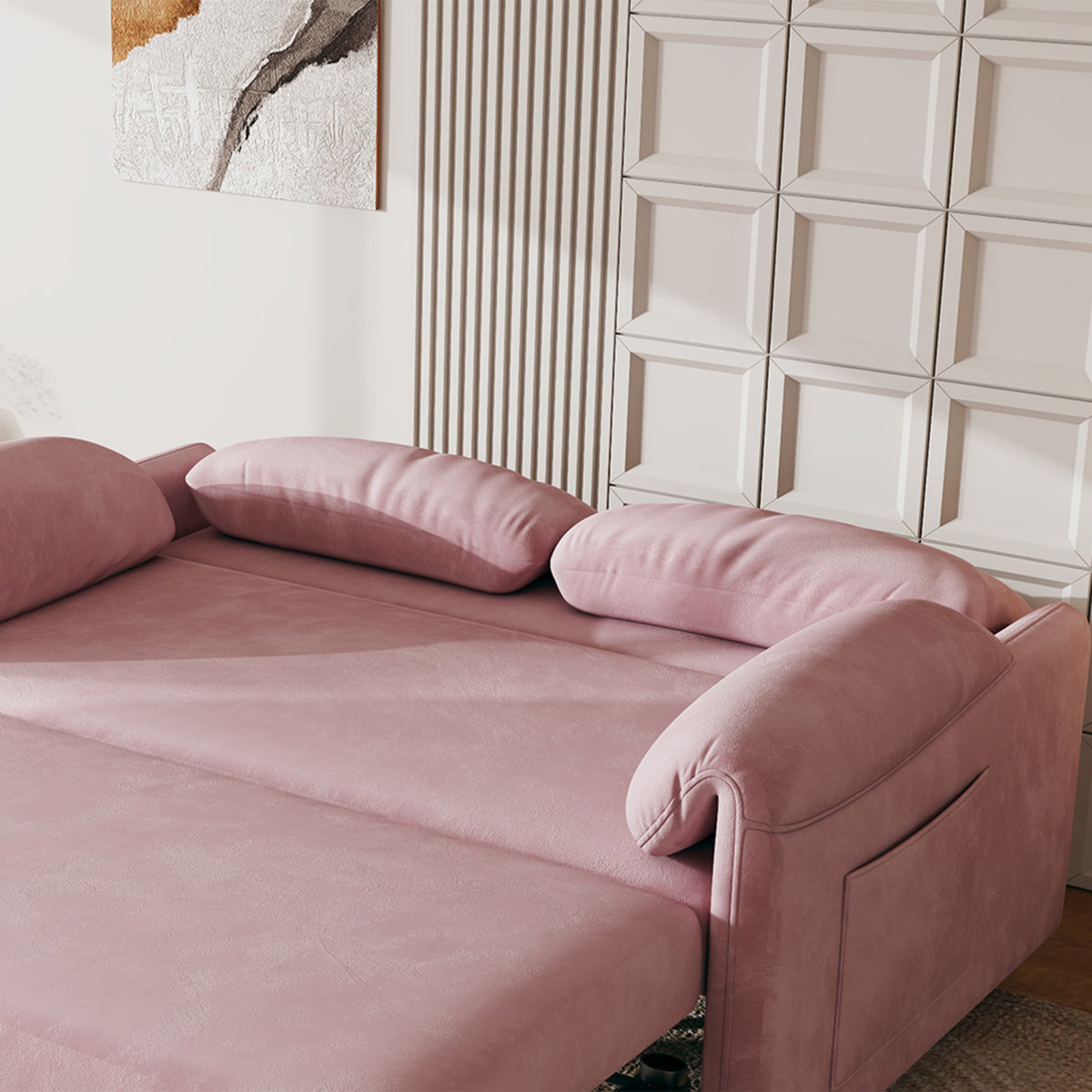 Sofa at the Forefront: 54-inch Velvet Pink Sofa Bed for Multi-purpose Living Spaces, Featuring a Retractable Bed W1278127956-djyc