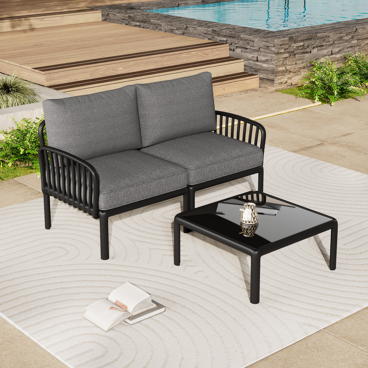 3 Piece Patio Conversation Sets, Modern Outdoor Patio Sectional Furniture Set with Square Coffee Table, Waterproof Thick Cushion Deep Seating for Porch, Balcony, Black & Dark Gray N780P199459B-djyc