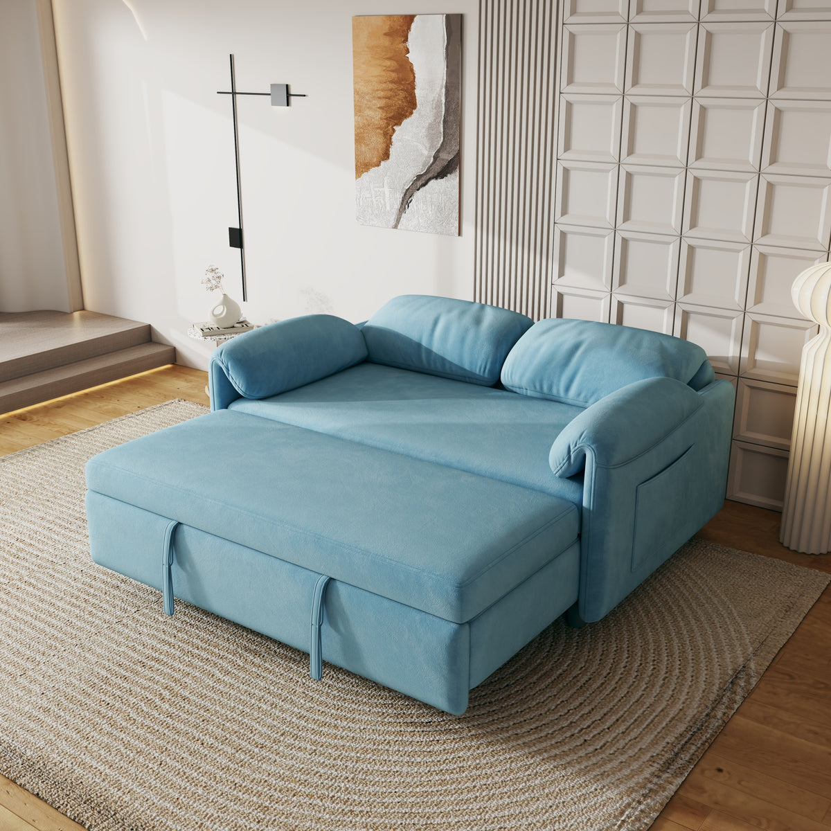 Sofa Showcase: 54" Velvet Blue Sofa Bed – A Dual-Purpose Living Room Gem with a Retractable Bed Option W1278127958-djyc