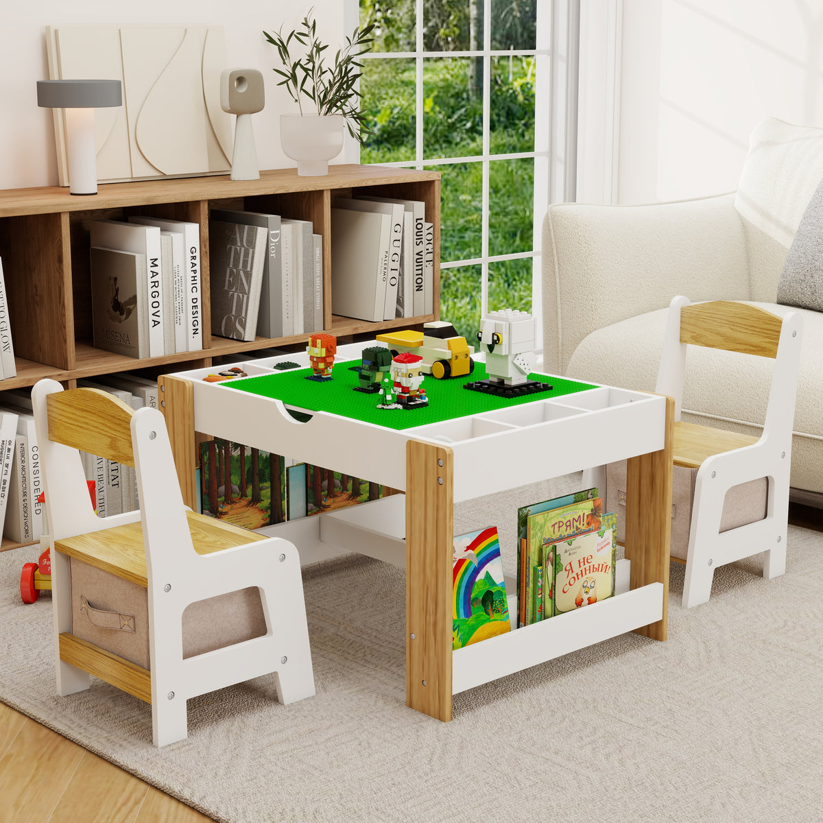 Kids 2 in 1 Play Table & 2 Chairs Set,with 7 Storage Compartments,Compatible with LEGO Building Block,Modern Activity Learning Table Game Furniture-White W282P182328-djyc