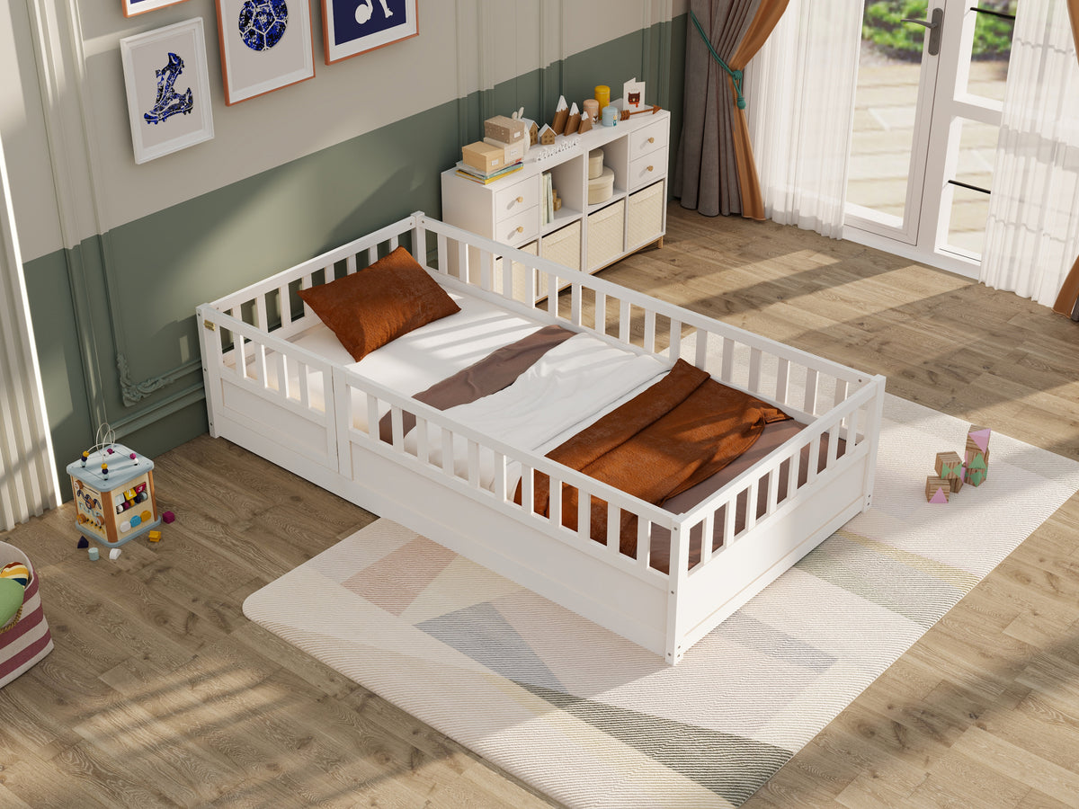 Twin Size Floor bed, integral construction with super high security barrier, door, children's floor bed frame, Montessori wooden children's floor bed, white W1858P164923-djyc