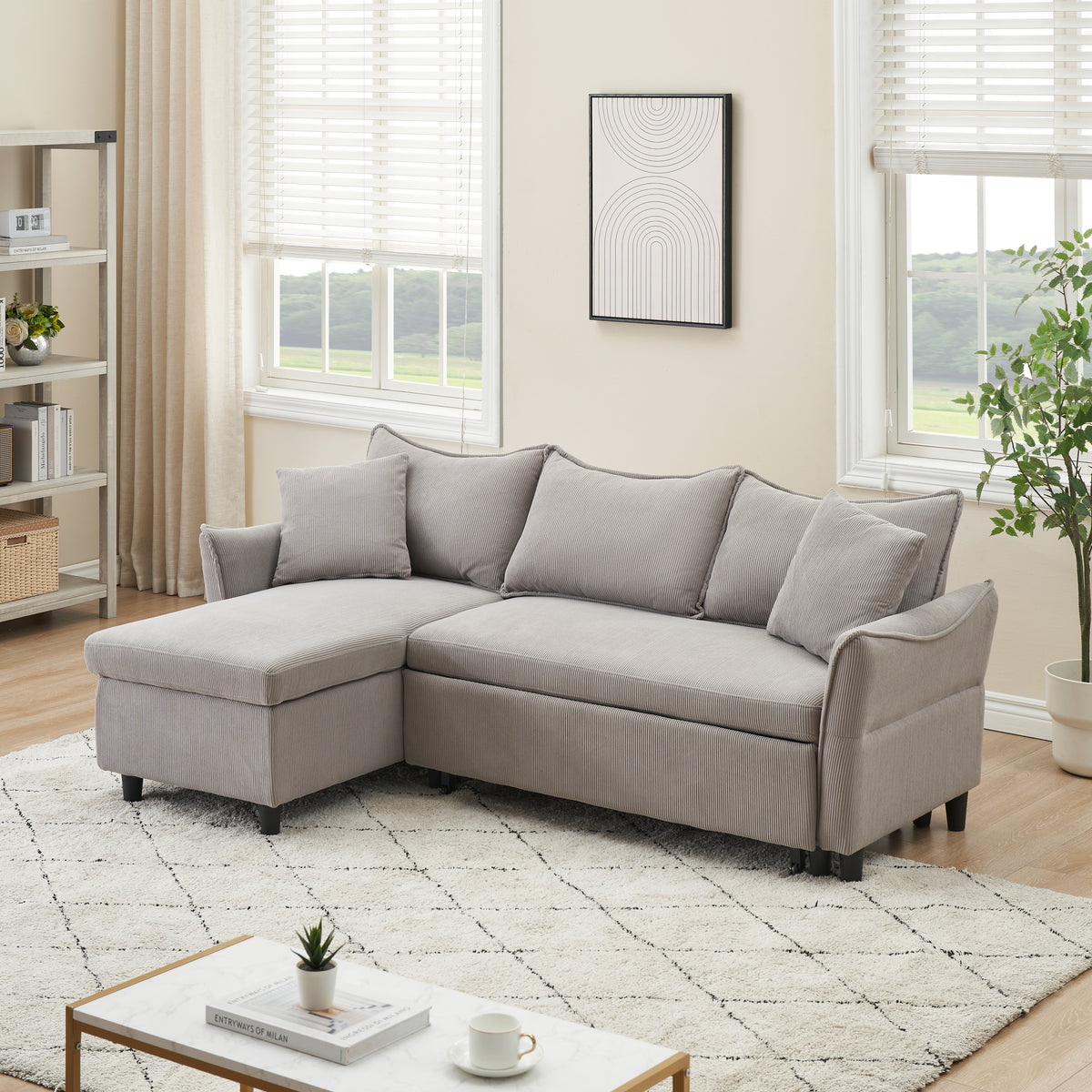 This 80-inch gray corduroy L-shaped sofa comes with two small throw pillows that can be converted into a sofa bed for storage W1278S00027-djyc