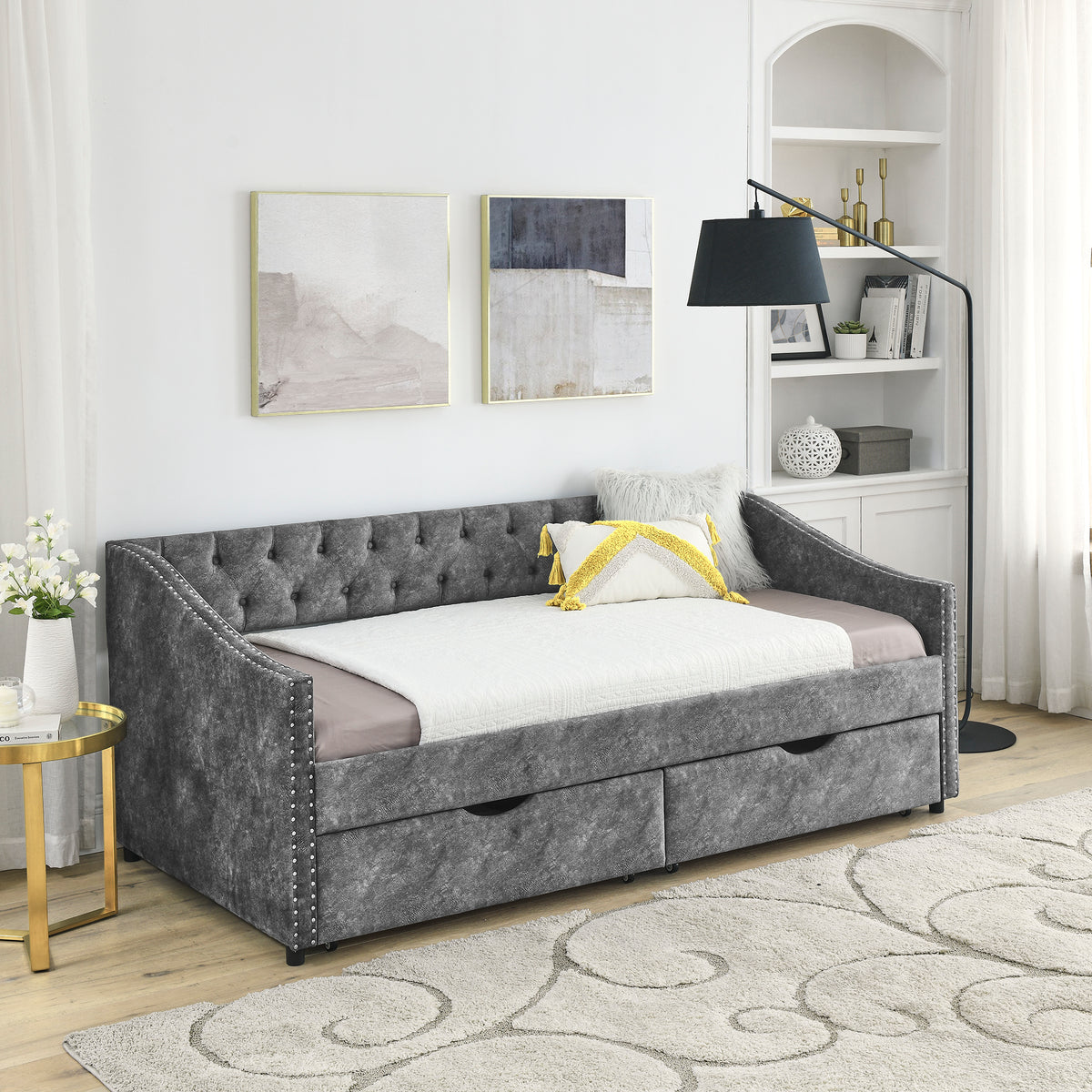 Twin Size Daybed with Drawers Upholstered Tufted Sofa Bed, with Button on Back and Copper Nail on Waved Shape Arms, Grey(81.5''x4''x30.5'') W1413S00001-djyc