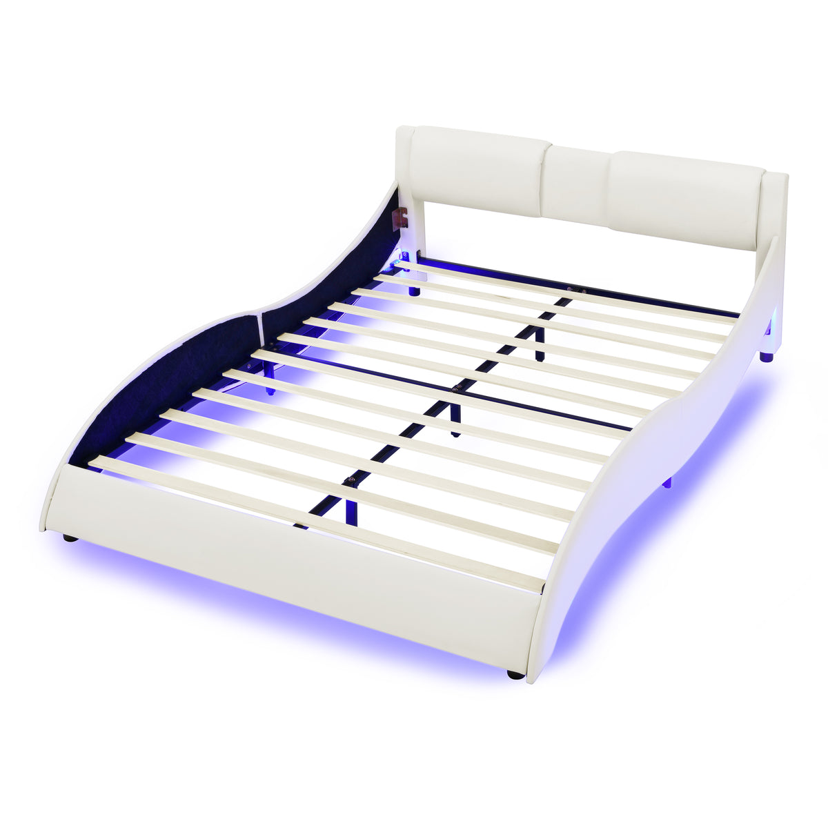 Queen Led Bed Frame Modern Faux Leather Upholstered Platform Bed Frame with RGB LED Lights and Headboard Wave Like Curve Low Profile Bed Frame,Wood Slats Support,Easy Assembly, White W487P169715-djyc