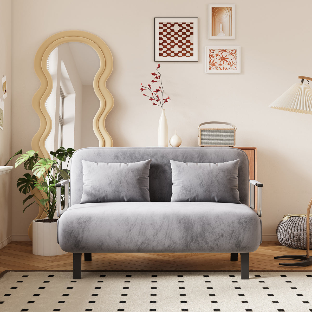 39″ Convertible Chair Bed, Tri-Fold Sofa Bed with Adjustable Backrest & Pillow, Leisure Chaise Lounge Couch with Sturdy Steel Frame for Home & Office, Comfortable Sleeper Chair Light grey Dutch velvet W1767P192812-djyc