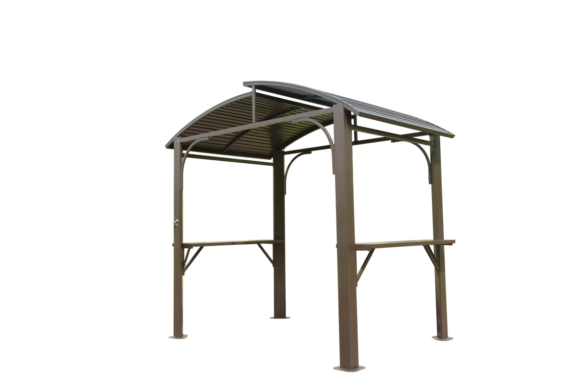 8x5FTArc Roof, Grill Canopy for Outdoor Grill w/Double Galvanized Steel Roof and 2 Side Shelves, BBQ Gazebo Grill Tent for Patio Garden Backyard, Brown W1859S00075-djyc