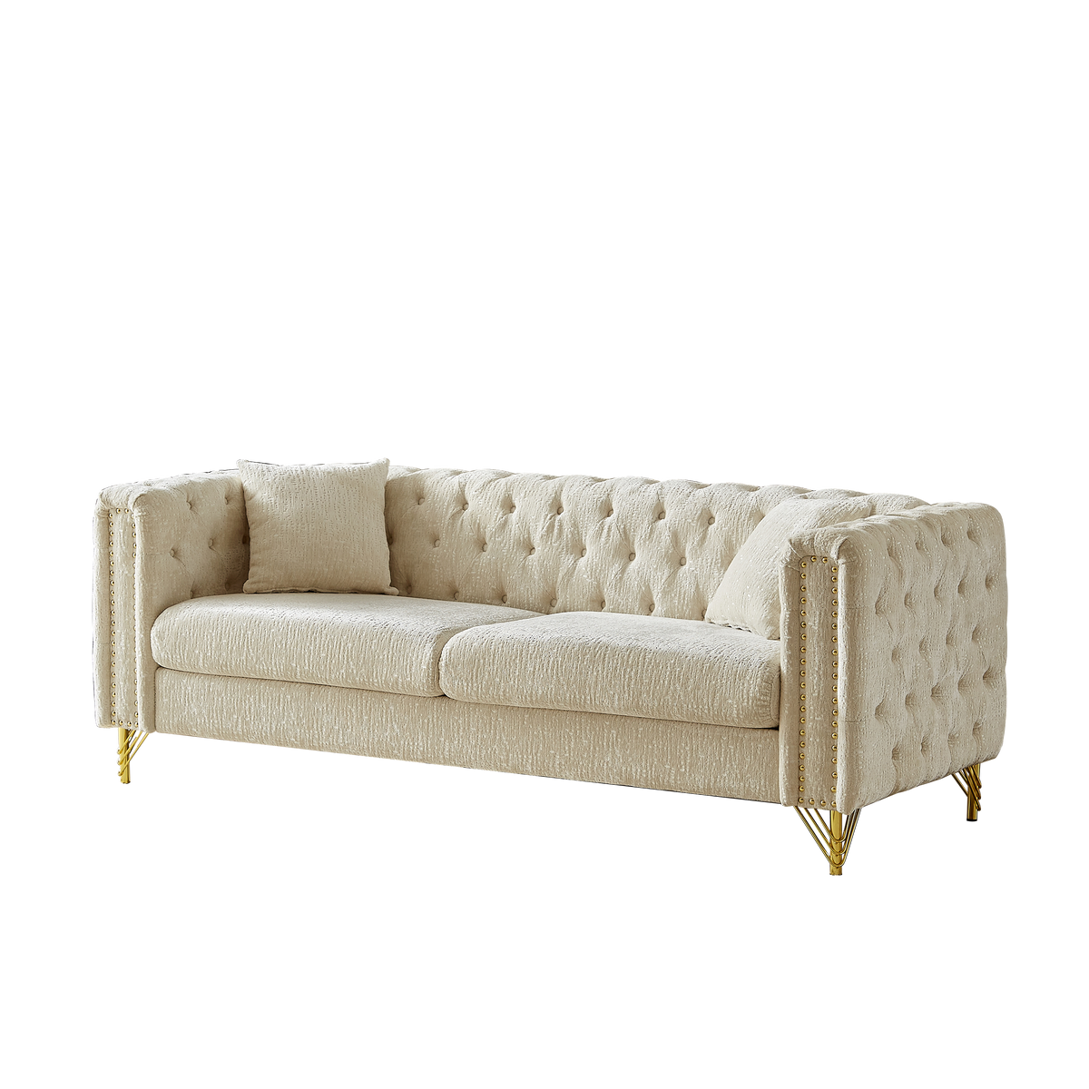 60-Inch Chenille Pull Buckle Design Sofa for Living Room,Buttons Tufted With Copper Nail Decoration Armrest, Modern Couch Upholstered Button And Metal Legs W834S00297-djyc