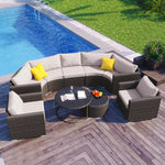 GO 9-Pieces Outdoor Half-moon Patio Sofa Set, Round Sofa Set, Modern Style Sofa, Brown Wicker, Beige Cushion FG201218AAD-djyc