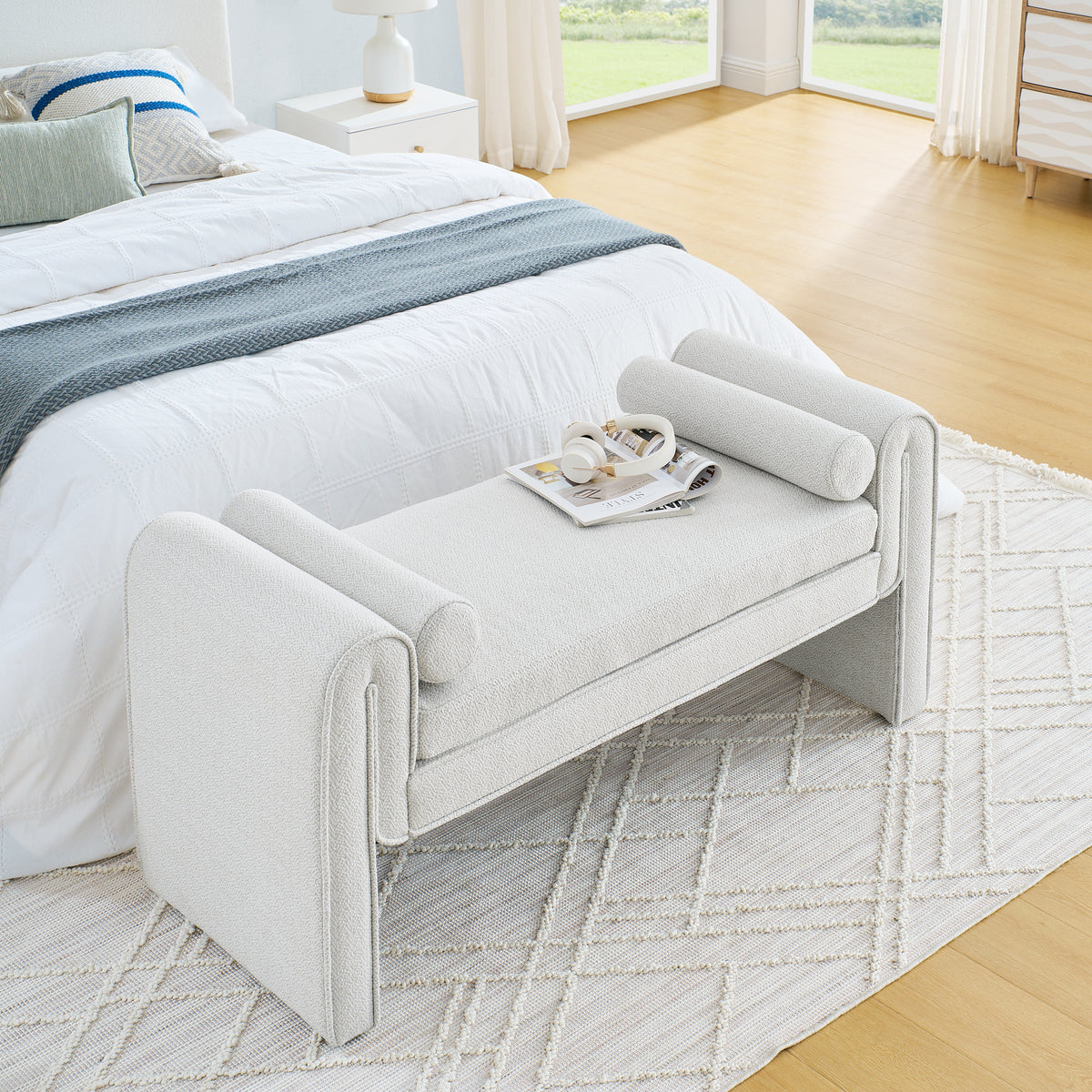 Bedroom storage stool, linen fabric storage stool, large storage space, 50.39 inches, can be used for bed end, living room, entrance, White W487P180474-djyc