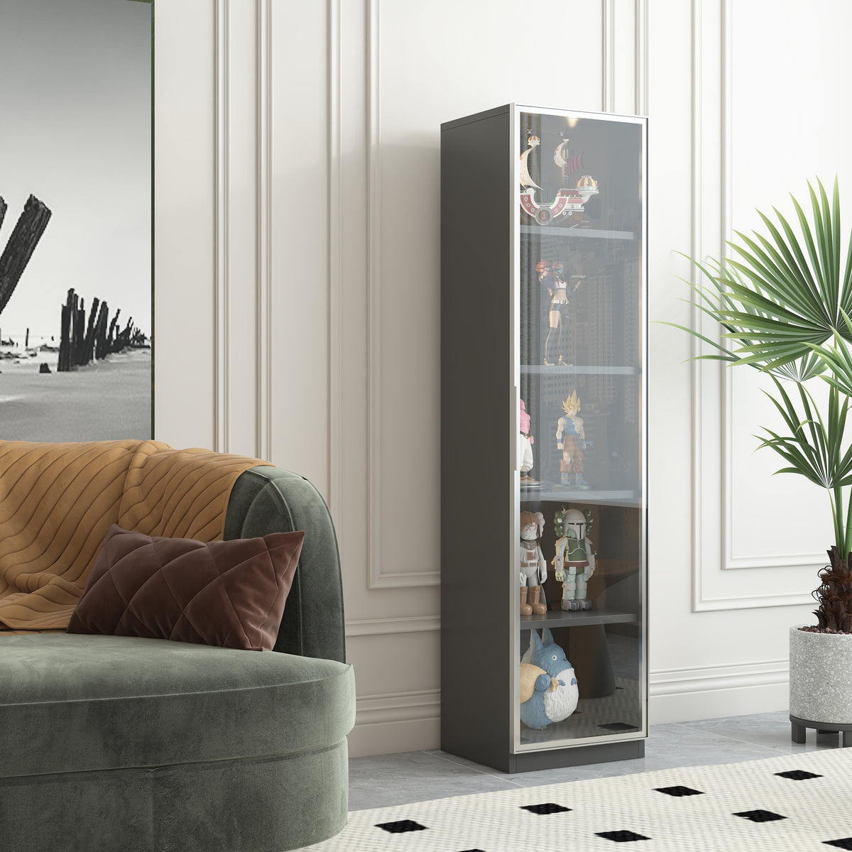 Single Glass Door Metal Storage Cabinet for Storing Photo Frames, Models, Handicrafts Display Cabinets with Removable Dividers and LED Light Strips, Suitable for Living Room, Study, and other places. W2385P152326-djyc