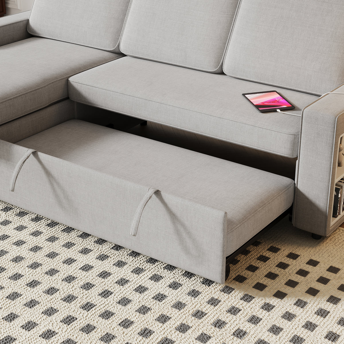 85.8" Pull Out Sleeper Sofa L-Shaped Couch Convertible Sofa Bed with Storage Chaise And Storage Racks,With USB Port And T-pyce Port W834S00267-djyc