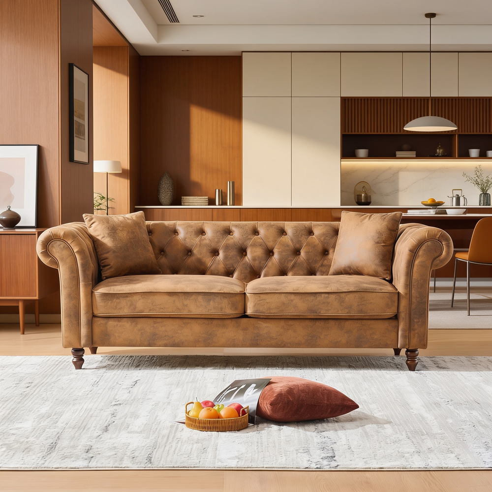 3 Seat+3 S Sofa Set Chesterfield ?tech Fabric Sofa,High-tech Fabric Roll Armrest Sofa,Upholstered Mid Century Modern Couch,3+3 Seater Combo Couch for Living Room, Office, Apartment, Brown-W3373S00061 - 场景图