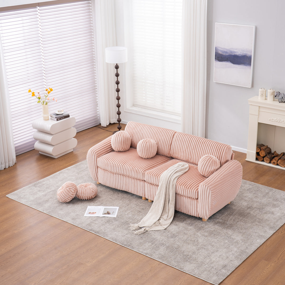 Modern Sofa for Living Room, 84' Pink Corduroy Sofa Couch, Sectional Love Seat Couch, Upholstered Sofa for Apatment Bedroom Home Office W2363S00076-djyc