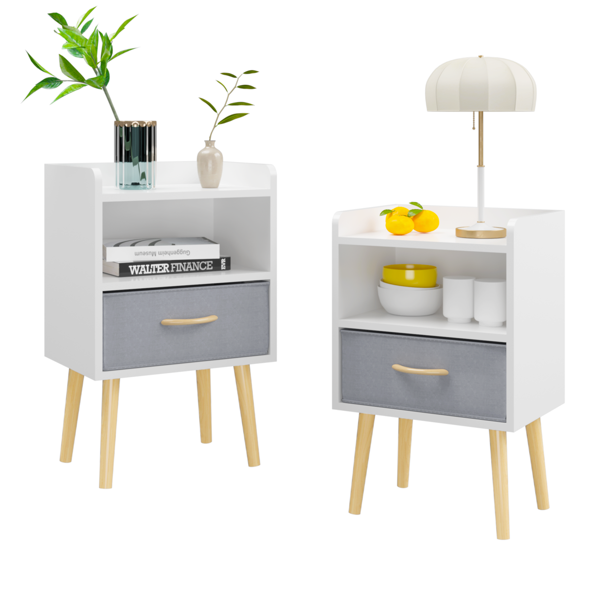 2PC Nightstand With Collapsible Fabric Drawer, 2-Tier Storage End Table, Wood Side Table with Storage Cabinet for Bedroom, Living Room - White W808P204530-djyc