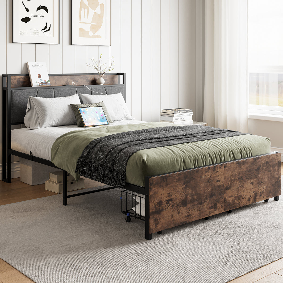 Full Size Bed Frame, Storage Headboard with Charging Station and 2 Storage Drawers,Vintage Brown and Gray W840137806-djyc