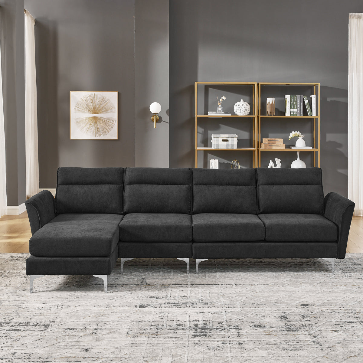 Modern Sofa 3-Seat Couch with Stainless Steel Trim and Metal Legs for Living Room,New package compression sofa technology,black W487S00233-djyc