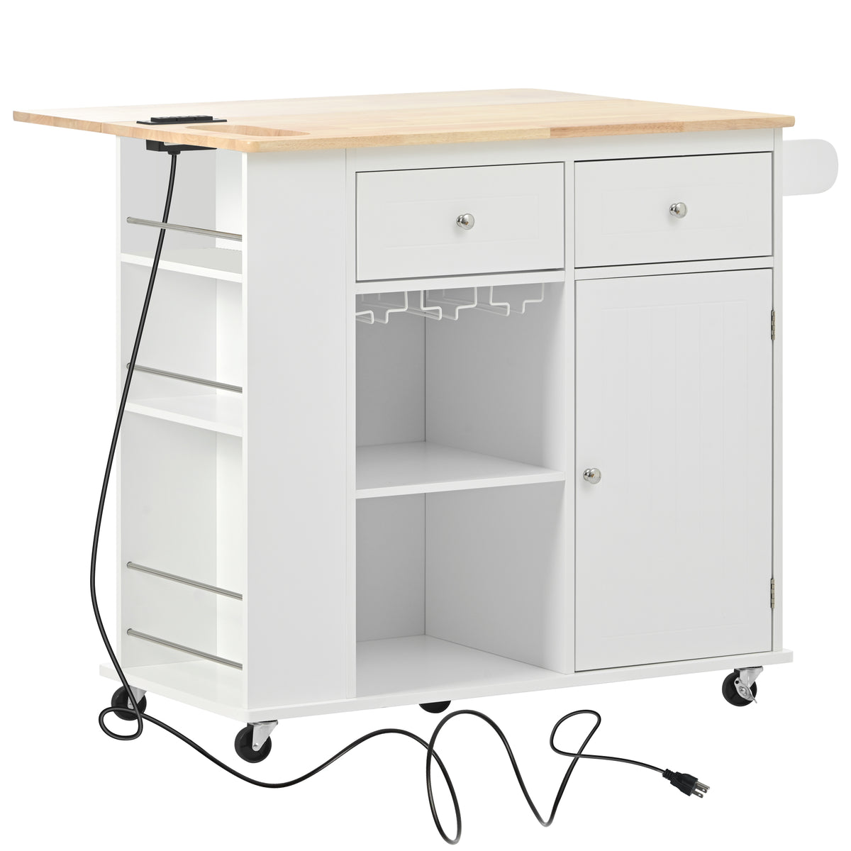 Kitchen Island with Power Outlet,Kitchen Storage Island with Drop Leaf and Rubber Wood,Open Storage and Wine Rack,5 Wheels,with Adjustable Storage for Home, Kitchen, and Dining Room,White WF305556AAW-djyc