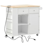 Kitchen Island with Power Outlet,Kitchen Storage Island with Drop Leaf and Rubber Wood,Open Storage and Wine Rack,5 Wheels,with Adjustable Storage for Home, Kitchen, and Dining Room,White WF305556AAW-djyc