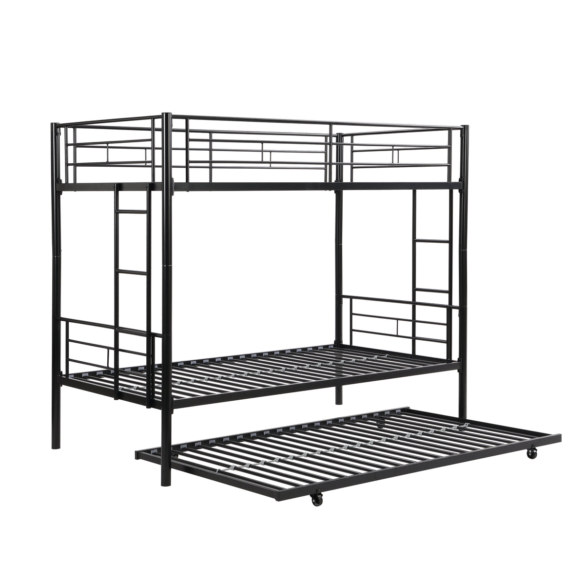 Over Twin Bunk Bed Frame with Trundle,Metal Bunkbed with Sturdy Guard Rail and 2 sideLadders for Kids/Adults,Can be Divided Into Two Beds, No Box Spring Needed, Noise Free for Dorm,Black W1916115338-djyc